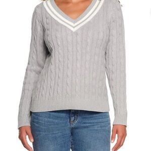Lands' End Light Gray V-Neck Cable Sweater - NWT